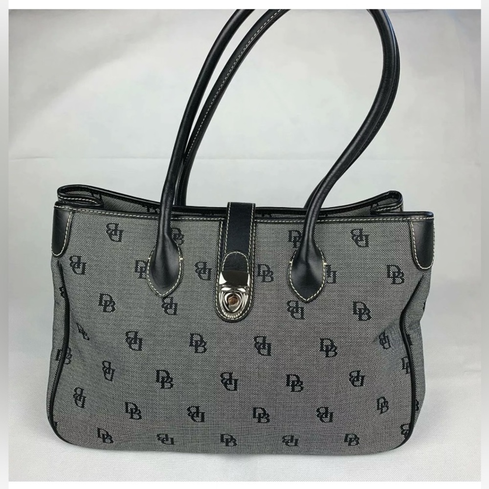 Dooney and Bourke Womens Satchel Handbag Canvas Leather Trim Black Gray Large